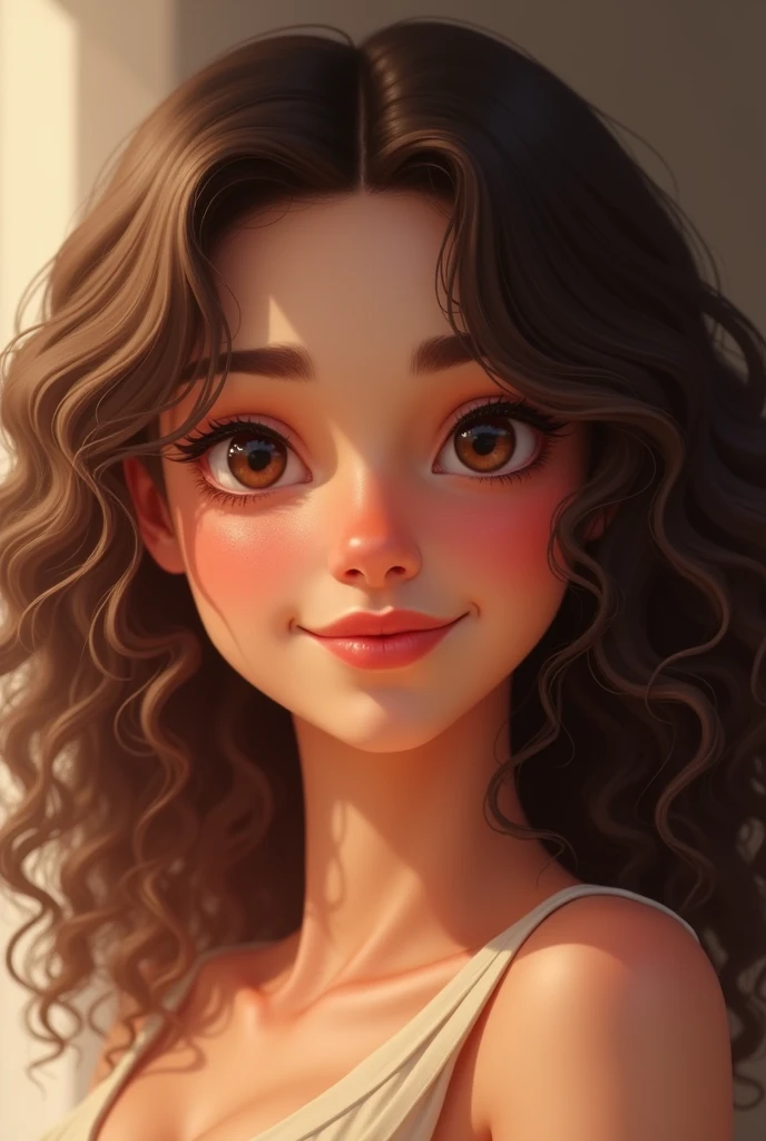 A 24-year-old woman who is a little chubby ,with brown eyes, curly brown hair and rosy cheeks