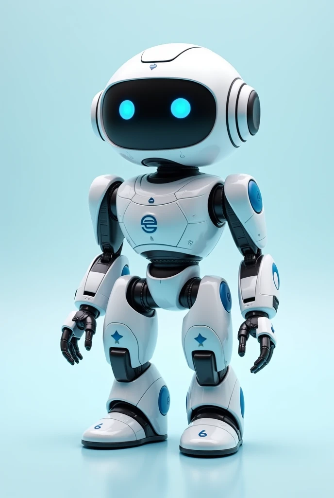 I want a technological mascot model that combines Wall-E and Eva, in shades of white and blue with simple joints that can be 3D printed