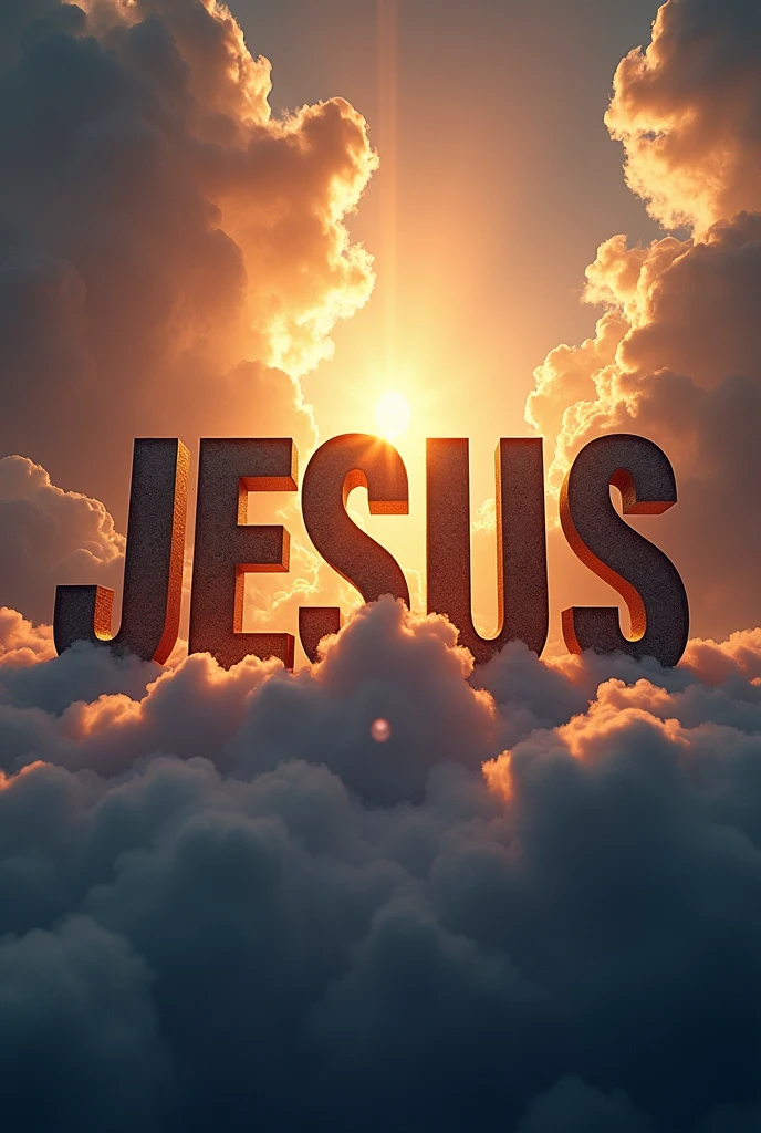 Create a three-dimensional image with the name Jesus written in large letters, with highlighted letters, that transmit power, reverence and love. Put a striking and deep background like a sky, with well-detailed clouds and strong colors. Make the letters stand out.