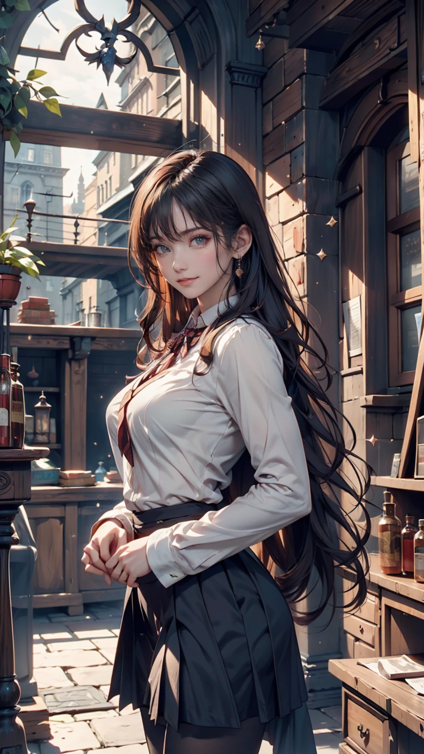Magic shop interior in a historical setting, Front view, Harry potter, Diagon Alley, Showcase, texture, Maximum details, Pertate board, unmanned, Highest quality, masterpiece, Magic Potion, Mythical creatures、Woman in magic school uniform、Cowboy Shot、smile