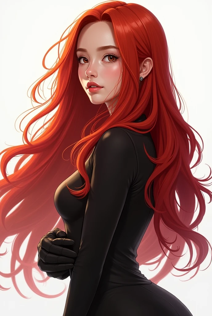 jenny kim as she looks proudly ahead of herself, with a white background behind it, with long red hair