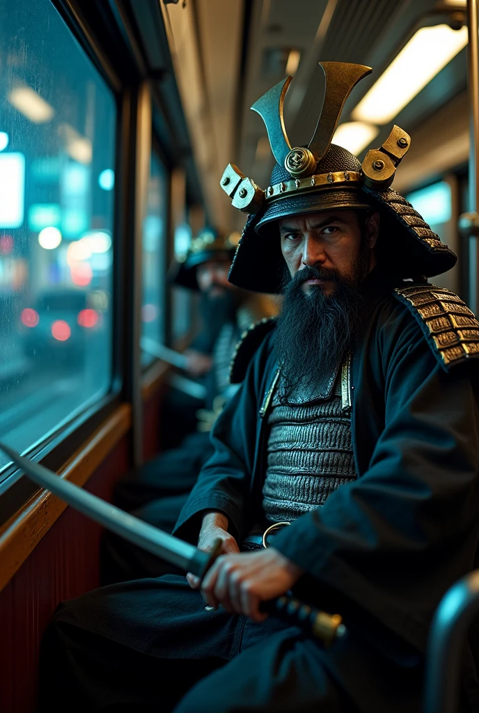 Highest quality、Ultra-high resolution、8k、RAW Photos、Japanese Samurai、group、((in the train))、smile、Yamanote Line、warrior、armor、knife、beard、cinematic lightening、Night cityscape
