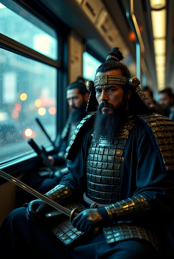 Highest quality、Ultra-high resolution、8k、RAW Photos、Japanese Samurai、group、((in the train))、smile、Yamanote Line、warrior、armor、knife、beard、cinematic lightening、Night cityscape