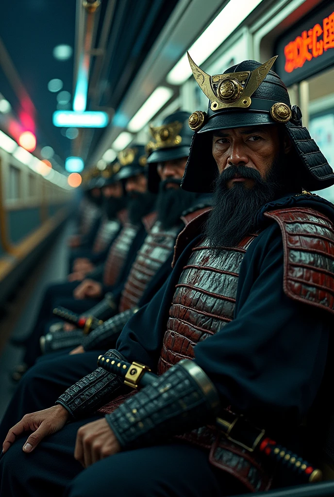 Highest quality、Ultra-high resolution、8k、RAW Photos、Japanese Samurai、group、((in the train))、smile、Yamanote Line、warrior、armor、knife、beard、cinematic lightening、Night cityscape