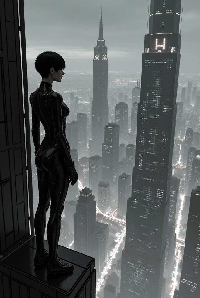 A black and white scene with a cyberpunk art style featuring a dramatic, high vanishing point perspective, from an angle behind a female character. She has a short, dark haircut, and is wearing a form-fitting futuristic suit with technological details. The woman is standing on the edge of a tall building, looking down at a vast, dense city filled with skyscrapers rising into the sky. The city is illuminated by artificial lights reflecting off the windows of the buildings and onto her suit. The texture of the image has a fine line finish, as if it were a detailed engraving or illustration. The atmosphere is dark and mysterious, with a sense of surveillance and technological control.