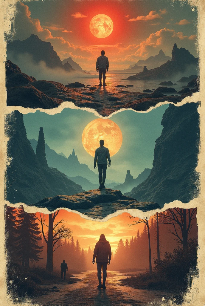 Create a collage of a movie and its sequels called the order from 1 to 3. The sign is that of an order that does not reach its destination, it is lost and looks for all the ways to reach it.