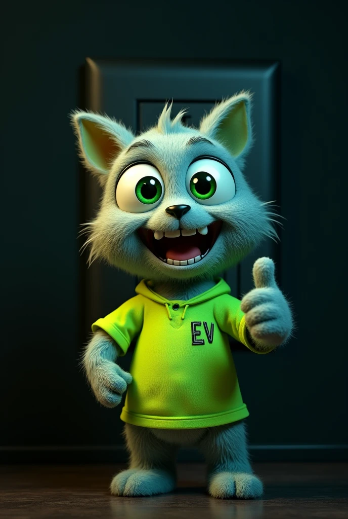 Black wall socket, wearing a fluorescent green shirt with EV written on it, giving a thumbs up with big green eyes and a wide happy smile