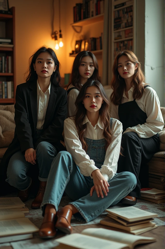 I'm taking photos for a new concept album. Create a girl group concept photo in a room, surrounded by messy books everywhere