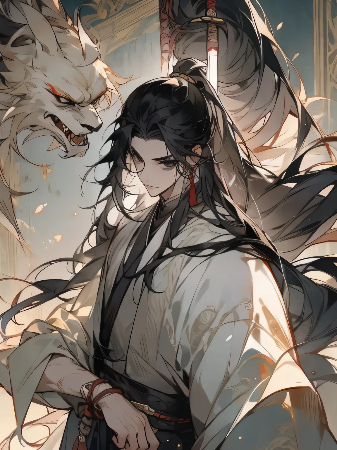 A man, Long black hair tied into a ponytail, black eyes, White skin, Thin body, Ancient style clothing, Black clothes, mask, Long Sword, assassin