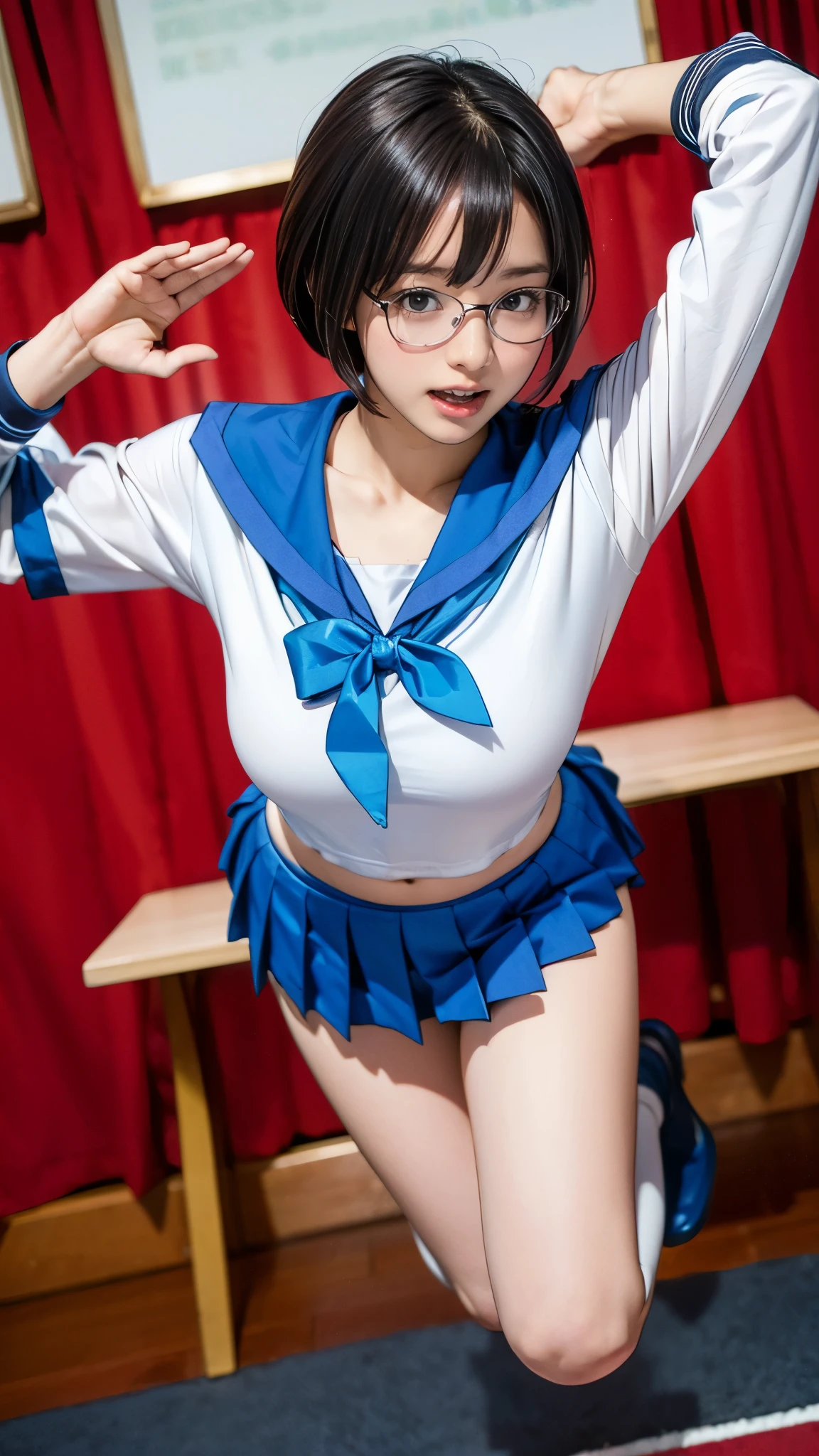 15 year old nerd girl、Having a blast dressed up as Sailor Mercury、Joy、Active pose、Raise your arms and jump、To NFSW、Panty shot