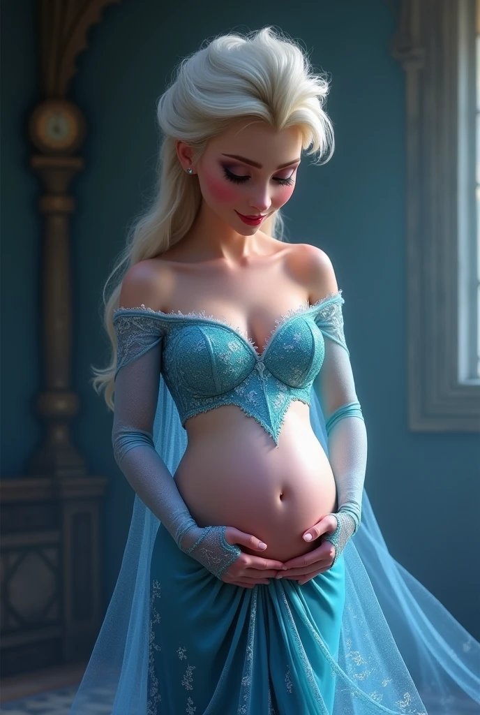 A stunning portrait of Elsa masturbating, young and beautiful, hyper realistic, real portrait, backlit, exquisite features, cleavage, she is inserting his fingers in her vagina under her skirt, she is fingering her, Elsa is in ecstasy, elsa from frozen, pregnant