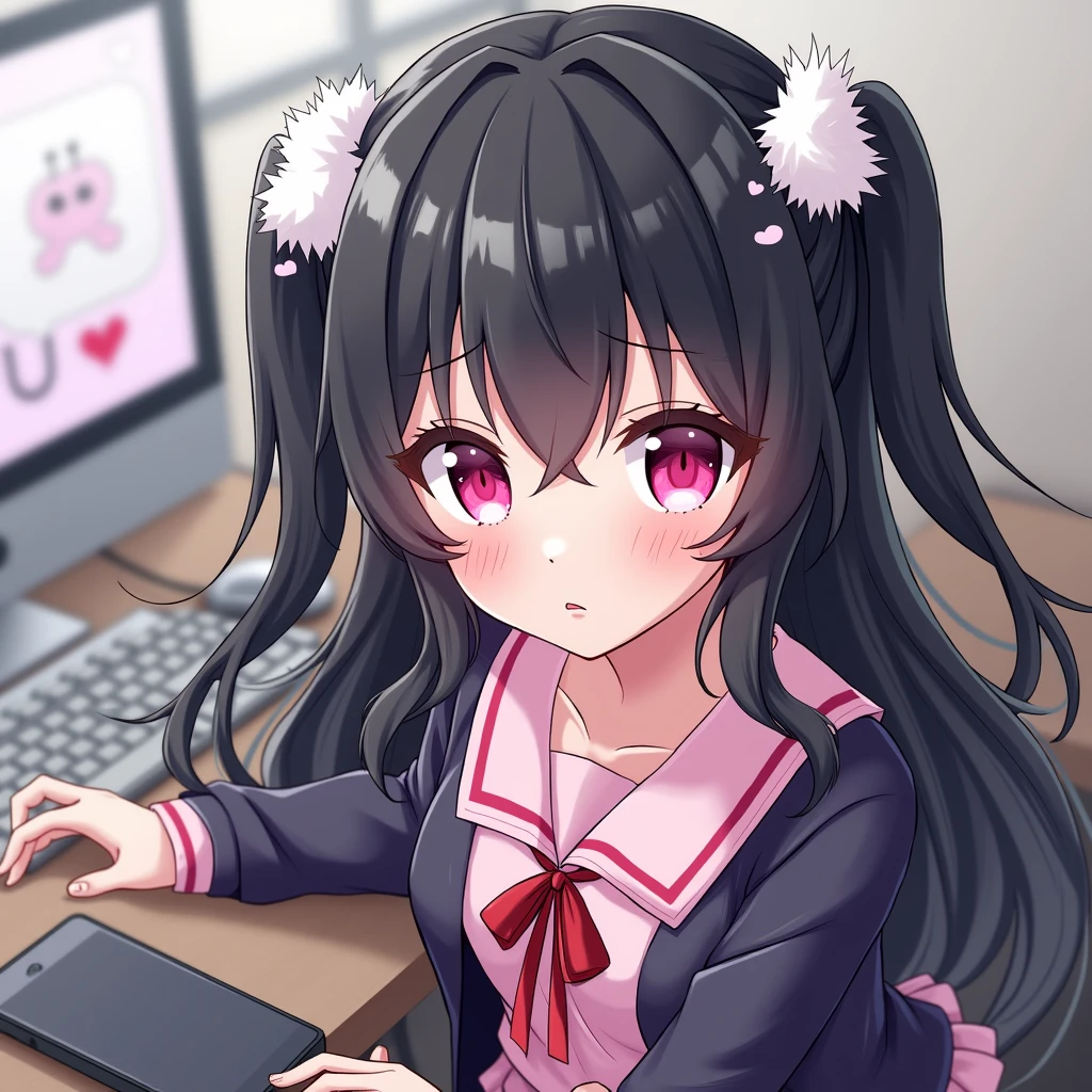 One person, Black Hair,Pink inner color,Long Hair, bangs,Half Twin Tail,Pink eyes, Droopy eyes,Take a closer look, Hearts in eyes, ribbon, Headband, White fluffy hair accessories,anime, anime風, skirt,Pale skin,Frills,Mine system,smartphone,Pink Sailor Suit,Dark cardigan,Drooping eyes,Confused eyes,Worried brow,Yandere,background computer,smartphone,delivery