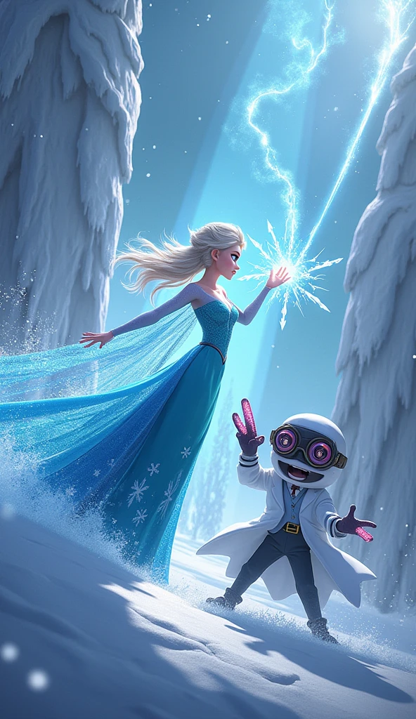 Elsa and Minion in scientist outfits.fighting against a mysterious villain . Elsa unleashes a powerful ice beam, while Dr. Minion uses a strange device to protect both. The bad guys are frozen and unable to fight back..
