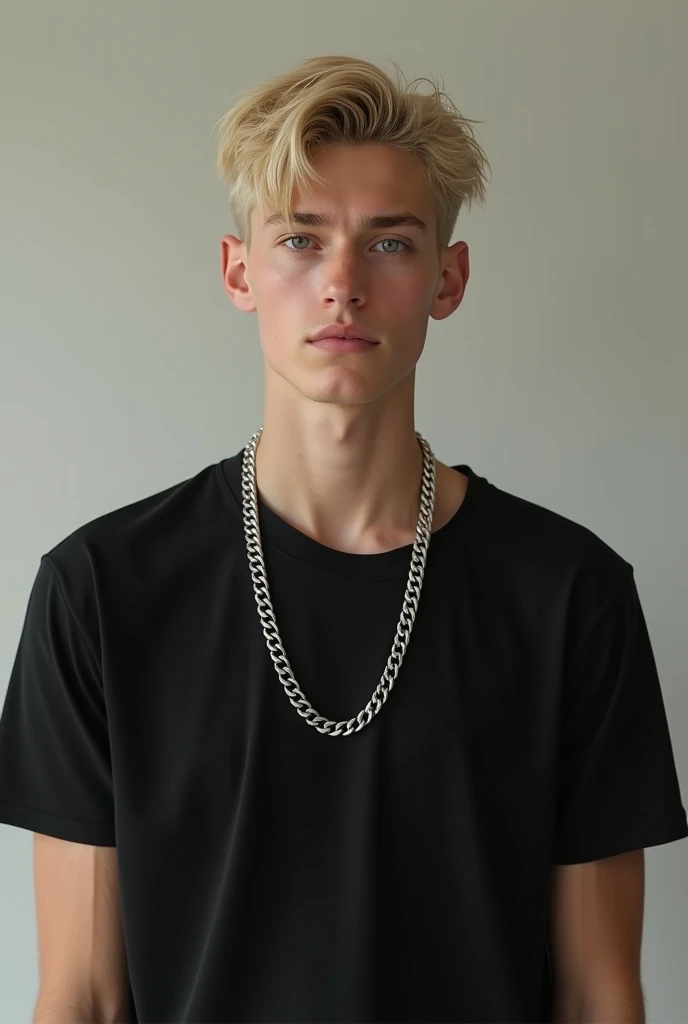 Create a photorealistic image of a boy, handsome and very thin, 33 years old, with light blonde hair, ( very short hair) . The boy has a serious but attractive expression, with honey-colored eyes that capture the light. He wears a large, thick silver chain hanging from his neck.. The boy is wearing a black t-shirt, with a relaxed posture. The background should be simple and neutral, allowing the main focus to be on the boy's face,Her body, Her hands, and their facial details. short hair (delgado) whole body in the image