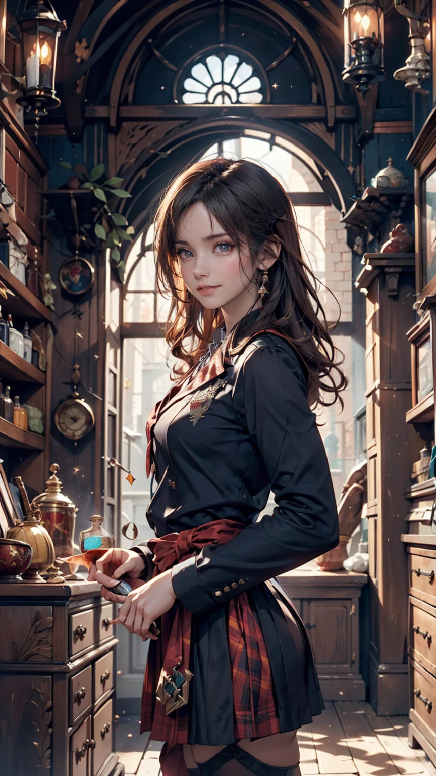 Magic shop interior in a historical setting, Front view, Harry potter, Diagon Alley, Showcase, texture, Maximum details, Pertate board, unmanned, Highest quality, masterpiece, Magic Potion, Mythical creatures、Woman in magic school uniform、Cowboy Shot、smile
