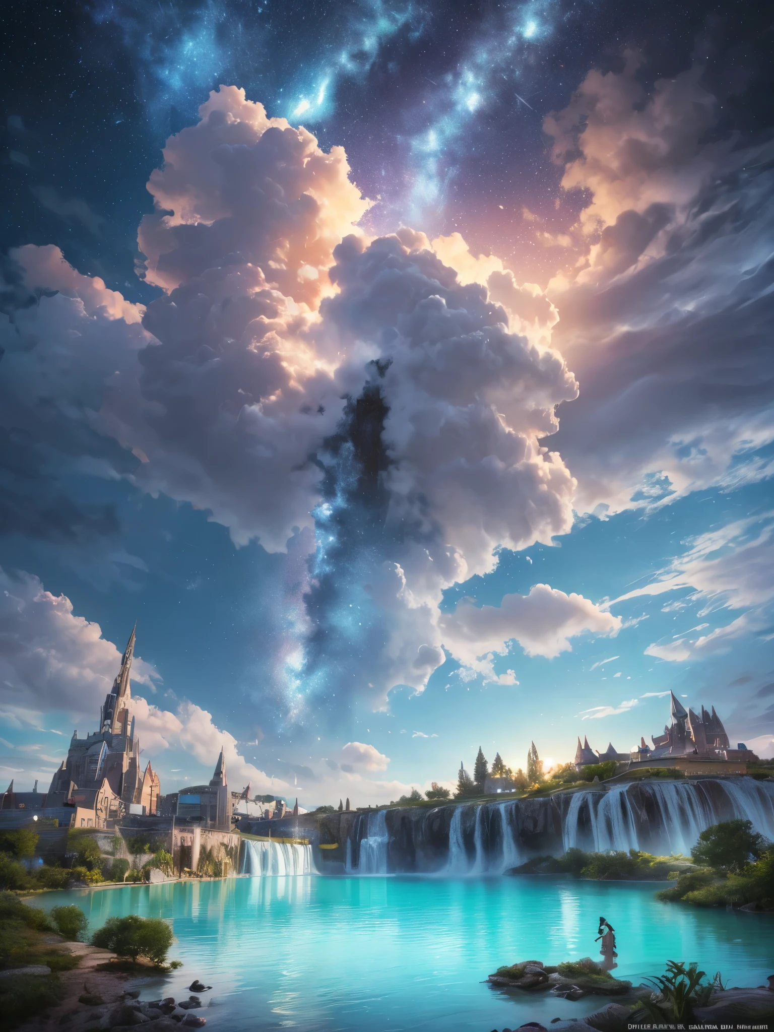 (8k, highest quality, masterpiece, final fantasy style: 1.2), (unRealistic, photoRealistic: 1.37), Dreamy landscape, Fantasy, Unsurreal landscapes, Super detailed, Flying Castle, Floating Island in the Sky, Seven-colored swirl of light, Intense lightning, milky way, Complex Light, Colored light, Large Lake, Starry sky reflected on the lake surface, Countless shining stars, Meteors, Reflections , (A pillar of light emanated from the ground:1,2), roses and orchids gardens , sunset, pink clouds, waterfalls in the sky, realistic style, Hyperrealism drawing, a flying pirate spaceship floating at the clouds level, burning skyscrapers, cyborgs, timeless realms, stunning princess , floating hair, pink lipstick, cute, naked shoulders , casting spell, healing light magic effect, in a magical lagoon of the fairyland, crystal clear water surface reflections, sharp focus, looking at viewer, (close-up:0.9), (bright white theme:1.2), (bright white tone:1.2), (deep blue tone:1.3), realistic, Hyperrealism,