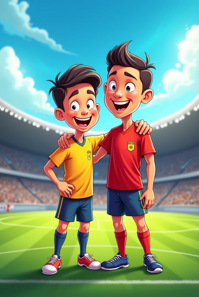 Cartoon photo. A footballer boy with his dol Ronaldo