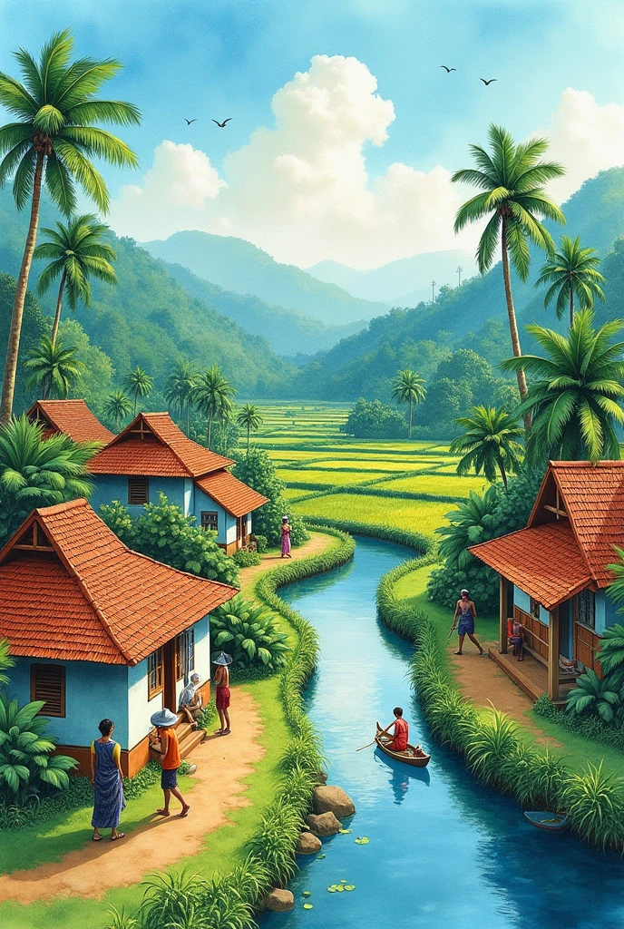 Water colour painting, kerala village