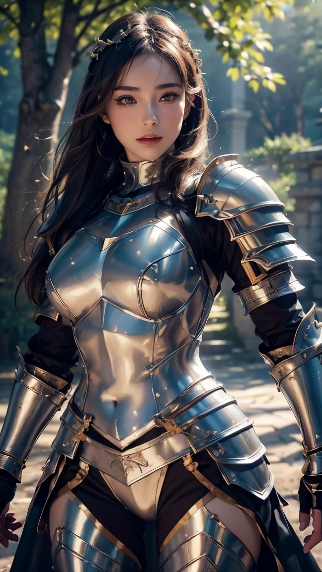 A girl wearing armor posing, bikini armor,female knight, armor girl,  metal armor, thick armor, metal bikini top, metallic armor, gorgeous female paladin, order Amazing armor, thick shoulder armor, thick leg armor, thick arm armor, perfect face, amazingly beautiful, fantasy warrior, light black armor, fantasy paladin woman, bare belly, belly open, beautiful, refined face, vibrant eyes, high detail skin, realistic skin details, visible pores, sharp focus, volumetric fog, 8k ultra hd, DSLR camera, high quality, photo realism, photo realism ism, Photography, ((8K, Raw, Masterpiece: 1.4)), (Professional Photography, Sharp: 1.2), ((Portrait Photography)), Perfect Dynamic Composition, (Natural Sunlight), (Soft Shadows), ultra-detailed face and skin, perfect Asian, white skin, (fine skin: 1.3), (perfect glowing skin: 0.6), beautiful eyes, round eyes , pretty face, blush, glossy lips, high nose bridge, glossy eyes, perfectly proportioned face, real moist skin, exquisite expression, looking at the camera,light_smile,((cowboy_shot)),Ancient makeup