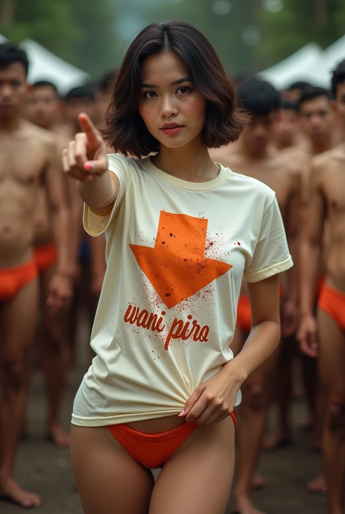 A beautiful Indonesian woman, wearing a cream coloured t-shirt with a strong vector design featuring a silhouetted image of a downward arrow symbol in an orange colour full of splash and blood. The phrase "WANI PIRO" is displayed in elegant and simple bold letters, distressed typography with pastel colours, while holding-up panties, miniskirt, short wavy hair, one handed pose pointing cameramen, in a public place, surrounded by many naked men, seductive pose, jav idol, with front shooting angle, very realistic, (complex detail: 0.9), (hdr, hyperdetail: 1.2), RAW, Sony Alpha a9 II, 24-105mm f/4, HDR,