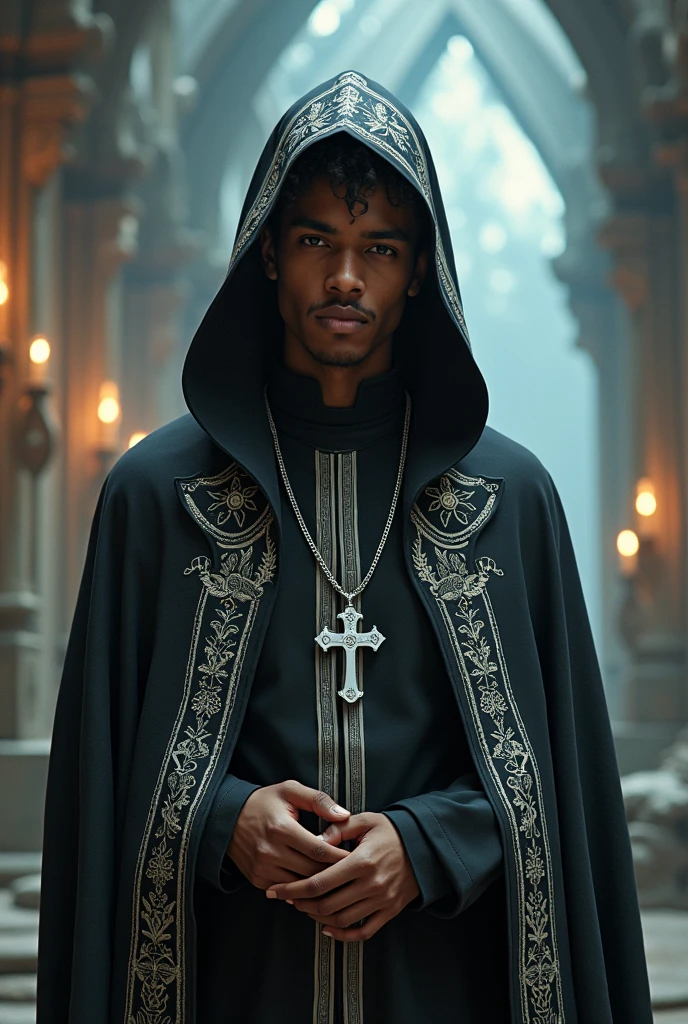 (photorealism:1.2), an afro-european mixed race young man, with lighter shade of caramel skin, wears an Orthodox Bishop clothes with a hood covering his head, colored in black and white, with a silver cross necklace, fantasy world setting.