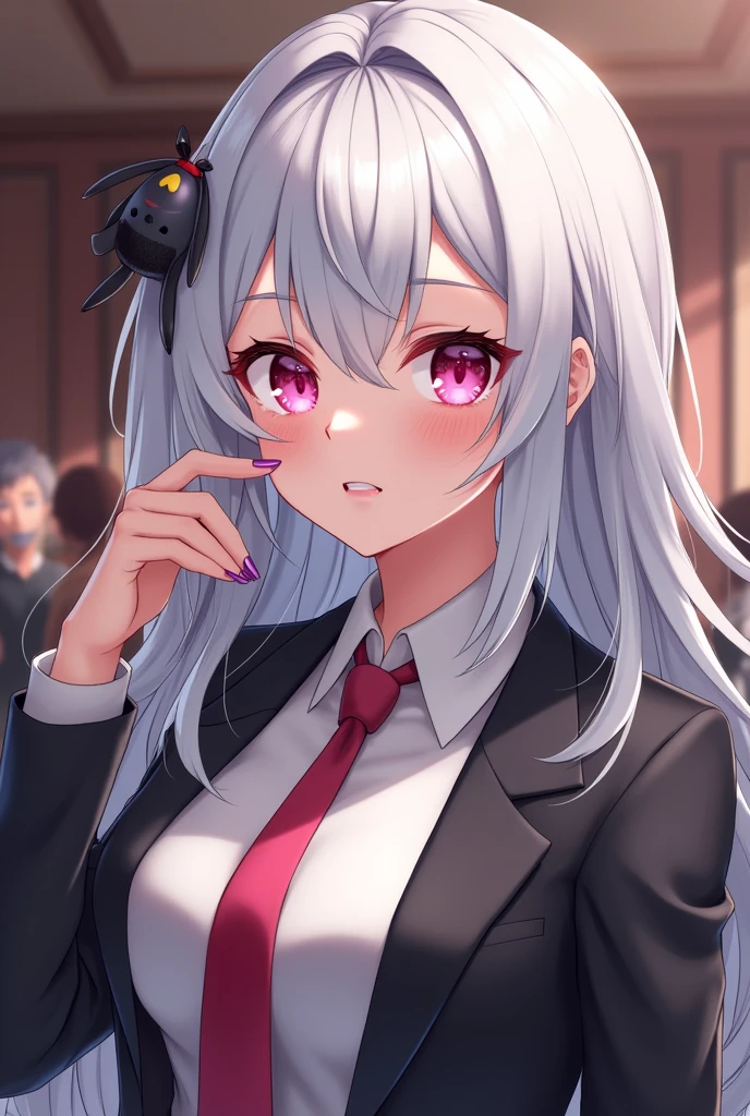((((Highest quality)))), ((masterpiece)), ((detailed)), (High resolution),(((high resolution))),((High Quality)),
Cute beautiful girl、Snow-white gray hair、Ahoge、Pink eyes、、detailedな瞳、((bouncy big boobs))、（Perfect body）、Suit jacket、Dress shirt、Social People、