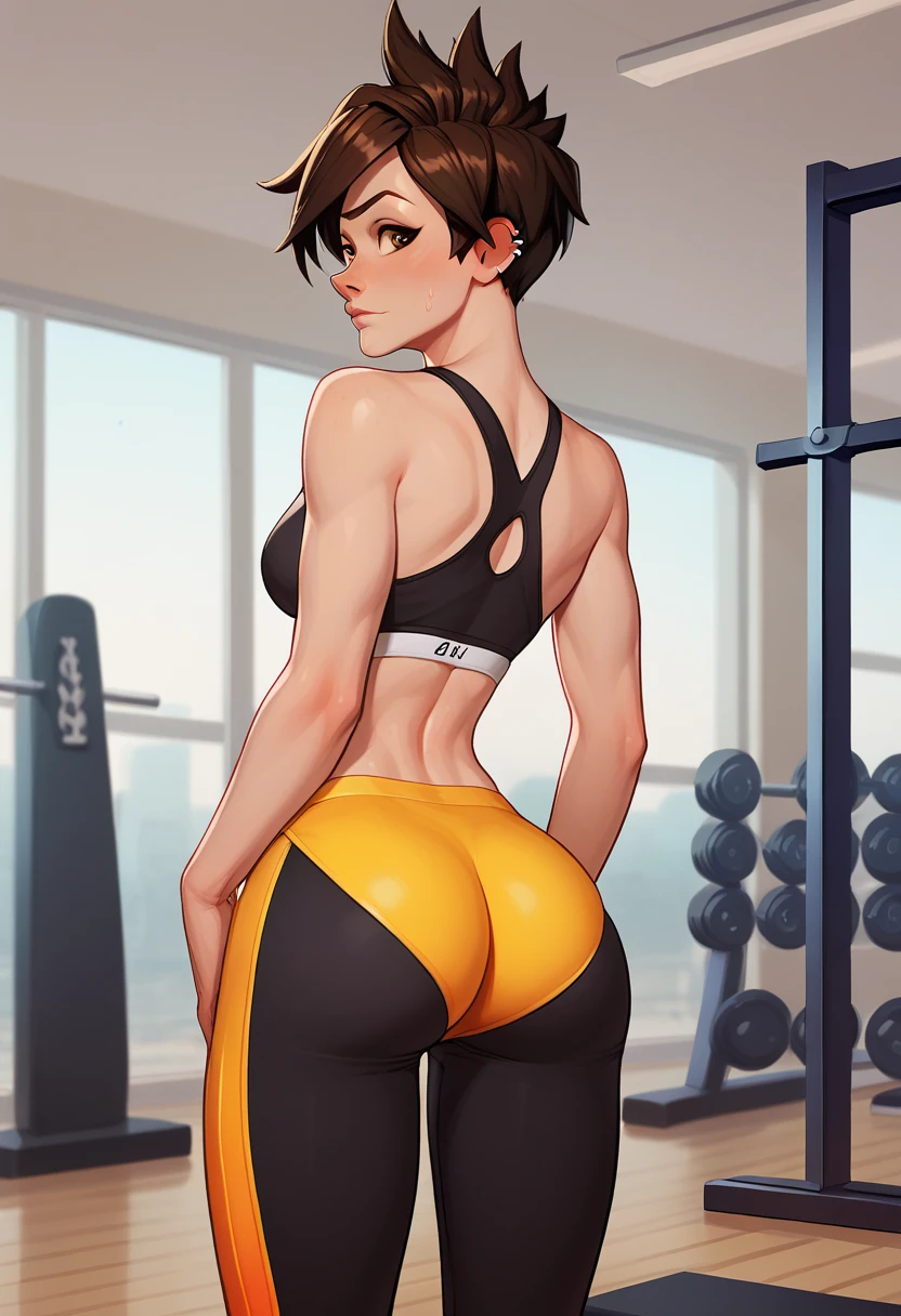 1girl, solo, tracer \(overwatch\), sweatpants, sports bra, from behind, ass, gym, indoors, looking back,