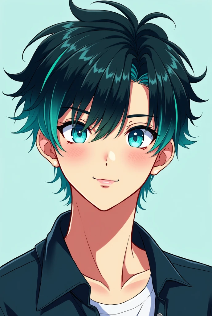 Teenager man highlightsturquoise-hair base-blackhair manhwa brightskin round-face turquoiseeyes playful style korea