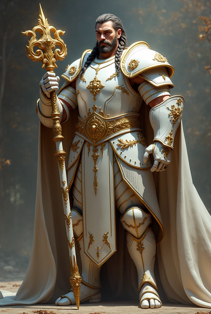 generate images of a large muscular man with   two braids of his hair beside his face
in white and silver coloured armour holding a gold staff
