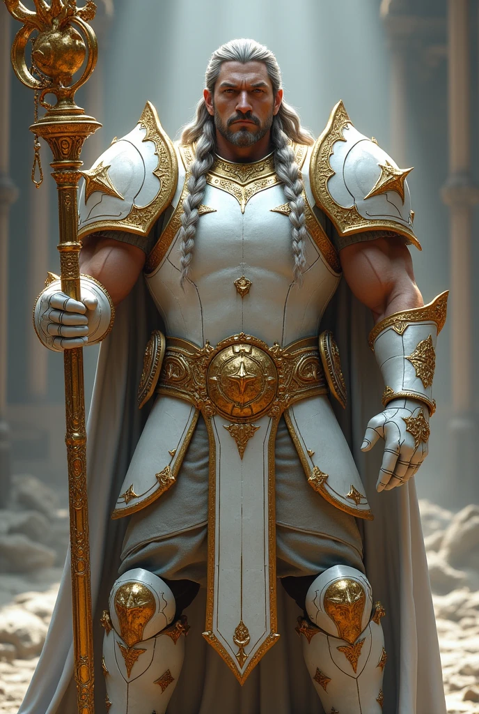 generate images of a large muscular man with two braids of his hair beside his face
in white and silver coloured armour holding a gold staff