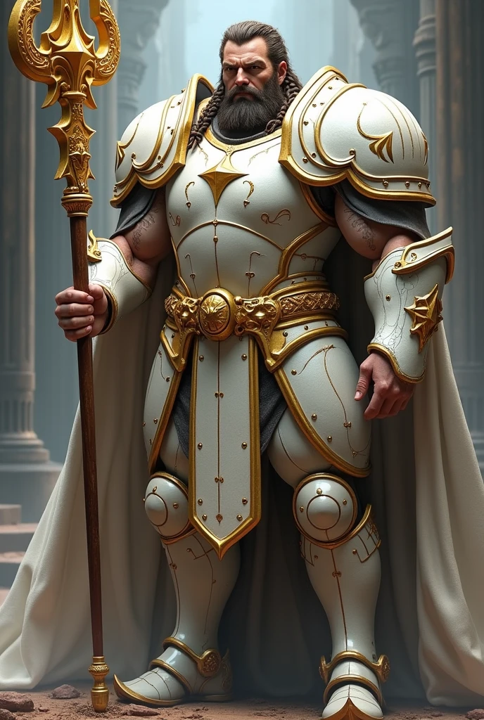 generate images of a large muscular man with   two braids of his hair beside his face
in white and silver coloured armour holding a gold staff
