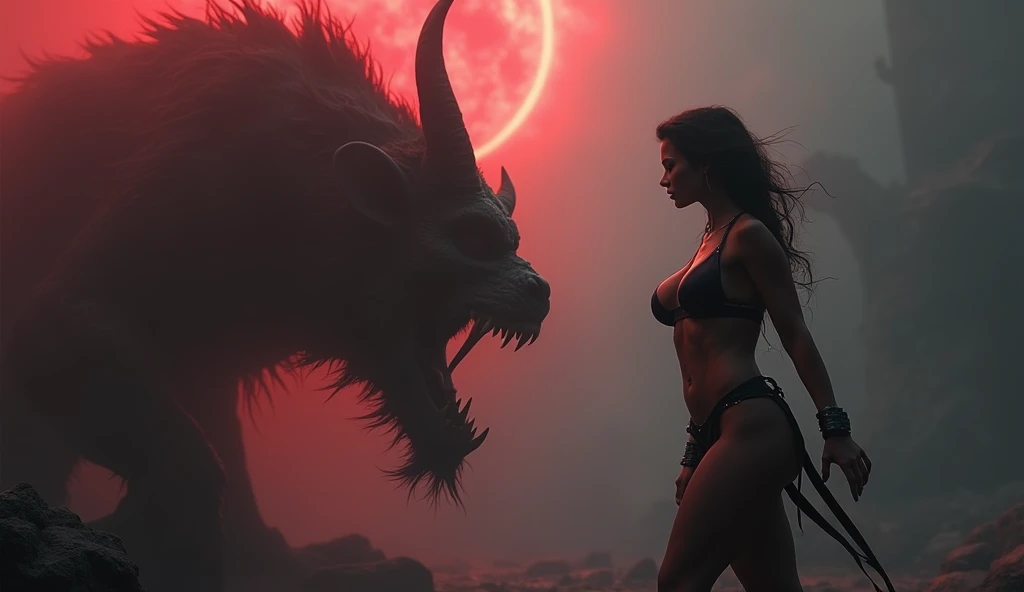 (Best Quality, 8k, Masterpiece: 1.2), Cute and Sexy Woman, Creepy Art, Ultra Detailed Big Breasts, Breast movements and bounces are ultra-realistic, extremely shaped breasts, erotic warrior costume, A creepy demonic landscape, Hell World, Fog, Dark fantasy, Cinematic lighting, Dramatic chiaroscuro, Changing colors, Deep shadows, Bright rays, Hellscape, Apocalyptic, Teenager wielding a magic sword, The woman has an evil demonic monster in front of her,
