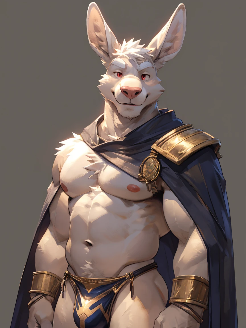 Solo, male, albino kangaroo, in one color tone, with long ears, in gold gladiator shoulder cape, navel showing, in fancy gladiator leather thong, chest, big chest view, ((focus body, furry focus, shades focus, body shades)) (((gray background, gray wallpaper, one color))), by darkgem, by mystikfox61, by glitter trap boy, albino, all white fur, red eyes, pink nose, navel, bulge, full body view, kangaroo tail, no abs, flat belly, front view, looking at viewer, furrowed brow, smile, white eyebrows