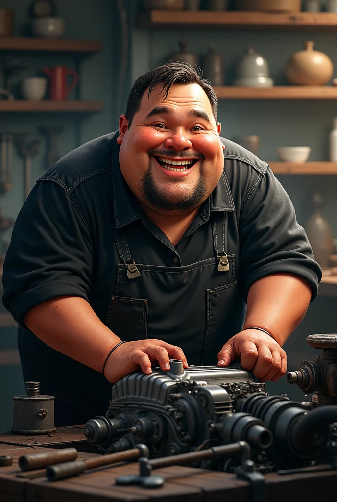 Make a chubby man in the mechanics dressed in black