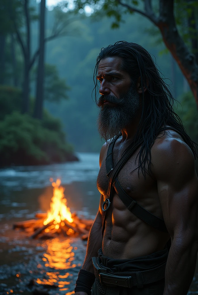 Photorealism 1.2 high detailed male long hair beard standing near the river bank at night campfire Asian forest jungle rainforest near river