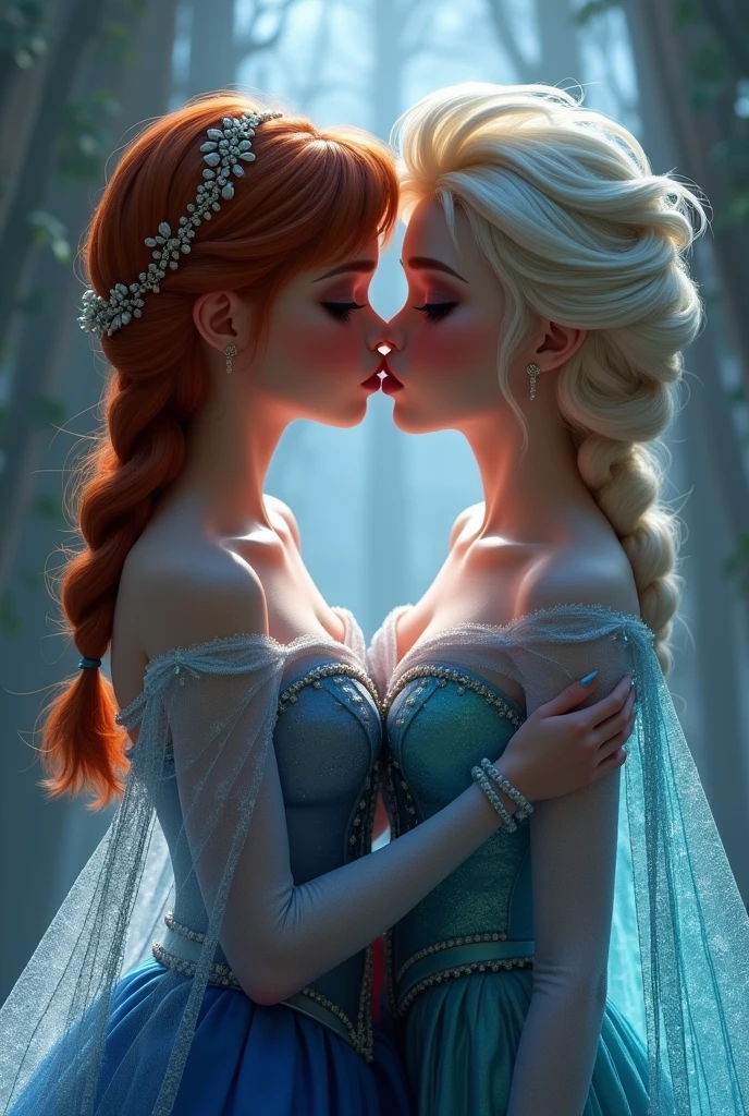 A stunning portrait of Elsa and her sister Anna kissing, French kissing, tongues touching, they are kissing, young and beautiful, hyper realistic, real portrait, backlit, exquisite features, cleavage, Elsa is showing her vagina to Anna and asking her to lick her vagina, she is inserting his fingers in her vagina under her skirt, she is fingering her, Elsa is in ecstasy