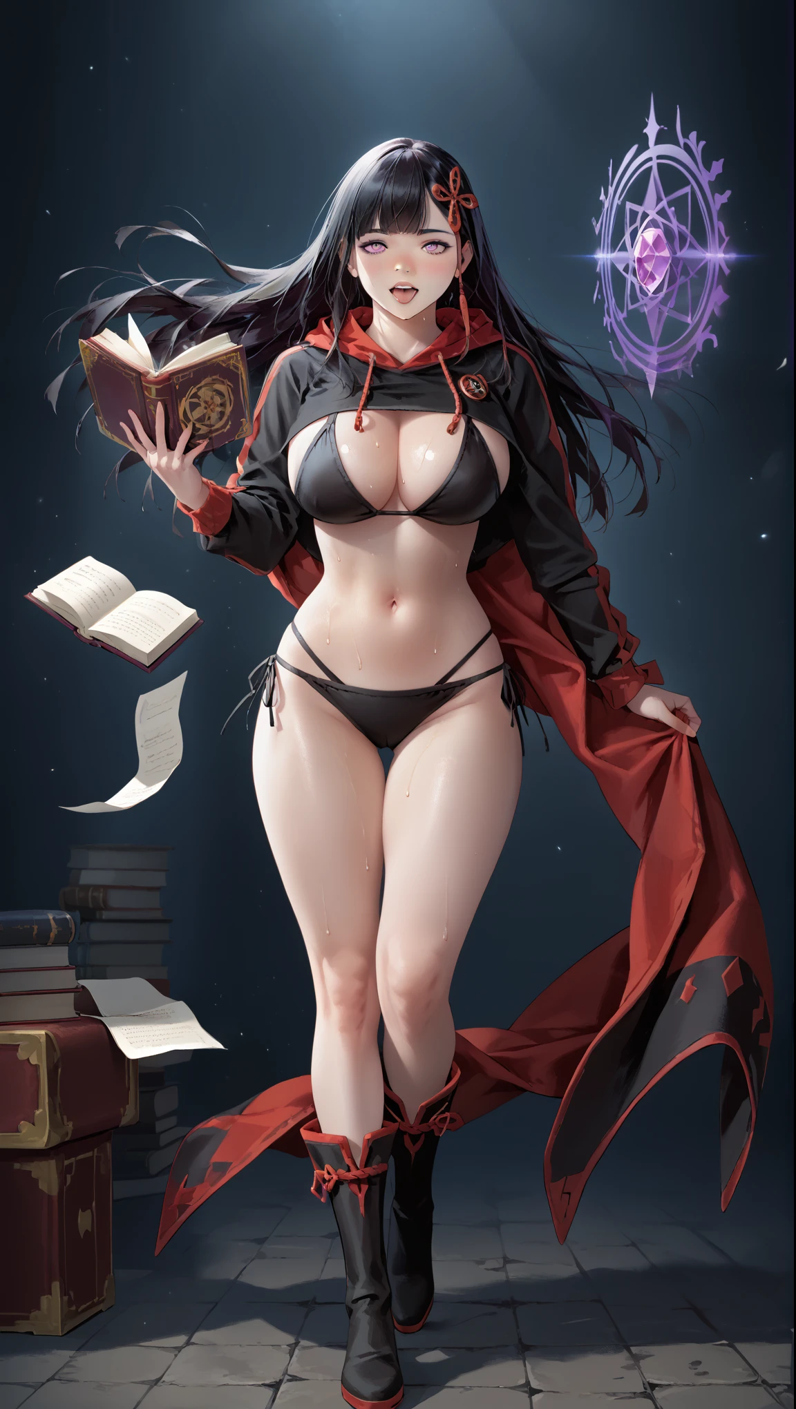 score_9, score_8_up, score_7_up, score_6_up, uncensored, yamahsiro ren, black hair, long hair, bangs, hair ornament, purple eyes, BREAK detailed eyes, perfect face, anatomically correct, detailed skin texture, (blush:0.5), (goosebumps:0.5), subsurface scattering, Anime Style, Manga Style, Hand drawn, cinematic, Sharp focus, humorous illustration, big depth of field, Masterpiece, concept art, trending on artstation, Vivid colors, Simplified style, trending on ArtStation, trending on CGSociety, Intricate, Vibrant colors, Soft Shading, Simplistic Features, Sharp Angles, Playful, excessive sweating, sweating profusely, sweating drop BREAK, 1girl, solo, breasts, looking at viewer, large breasts, huge breasts, full body, thighs, boots, groin, book, thigh gap, gem, floating, wide hips, open book, magic, floating object, bare hips, messy room, paper, spotlight, (fantasy illustration:1.3), depth of field, cropped hoodie, black bikini, long sleeves, floating book, gesugao