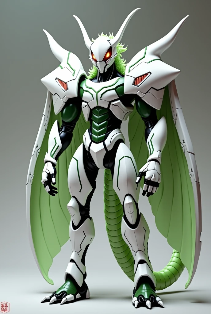 Starry Sky, in flight, BLAKE, 1 robot, aura machine, aura battler Dunbine, humanoid cyborg dragon, 2 meters tall, bioroid, cyborg with beetle and dragon characteristics, face shield with oriental dragon and beetle motifs, two insect compound eyes, beetle Shiny armor panels that closely resemble the outer shell of a dragon, a beautiful white armor color and green polarization, a plant-like muscular internal frame, elytra on its back, four dragon wings and thrusters stored inside the elytra, Insect wing veins on dragon wing skeleton,