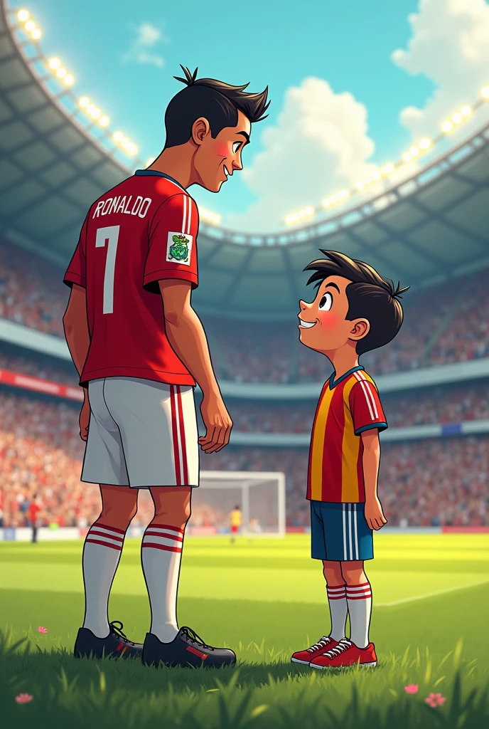 Cartoon photo. A footballer boy with his idol Ronaldo 