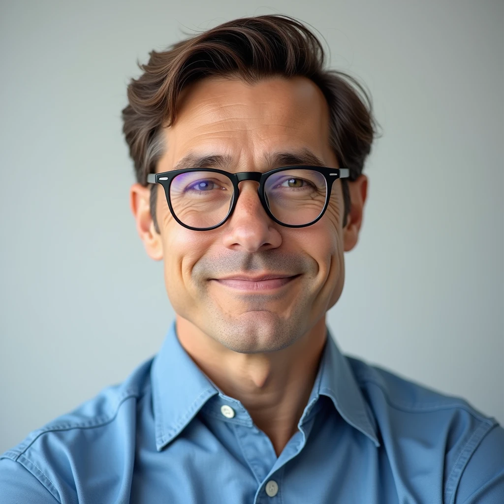 there is a man wearing glasses and a blue shirt, 2 7 years old, 8k selfie photograph, 2 3 years old, 2 8 years old, frontal picture, 2 9 years old, ismail, 2 2 years old, with accurate face, from 8 k matte, 21 years old, portrait shot 8 k, 18 years old, professional profile picture