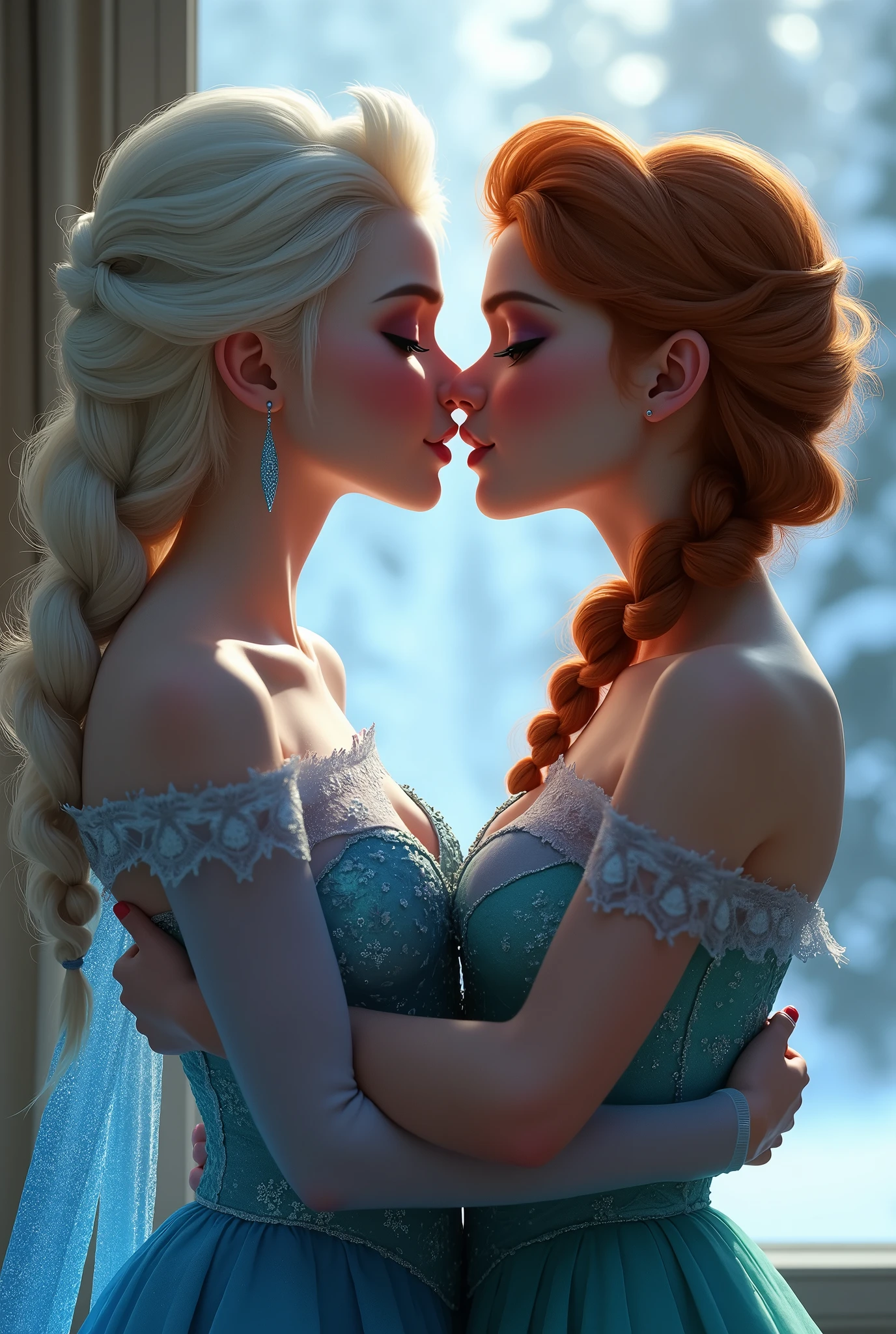 A stunning portrait of Elsa and her sister Anna kissing, French kissing, tongues touching, they are kissing, young and beautiful, hyper realistic, real portrait, backlit, exquisite features, cleavage, Elsa is showing her vagina to Anna and asking her to lick her vagina, she is inserting his fingers in her vagina under her skirt, she is fingering her, Elsa is in ecstasy