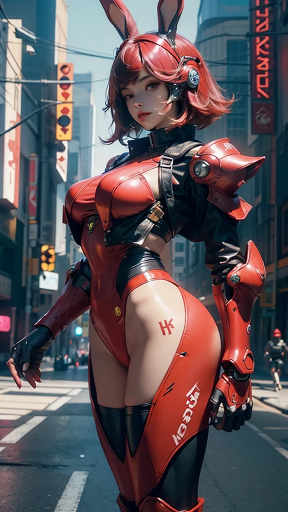 1girl,perfect body, big breast, wearing a tights red armor, futuristic punk armor, wearing a futuristic helmets, helmet have ear like rabbit,