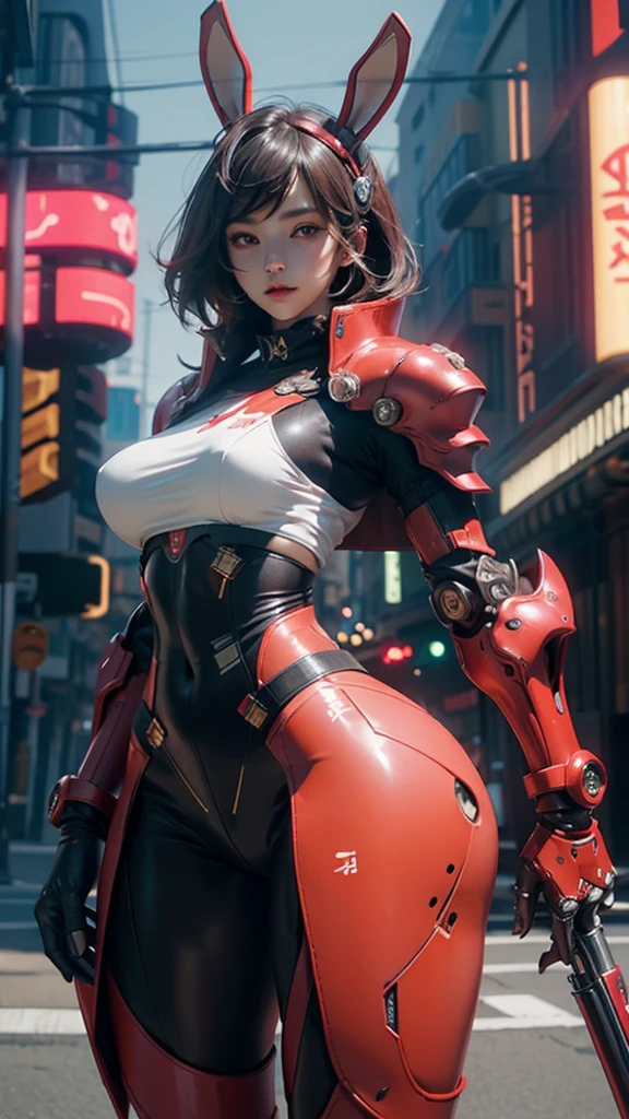 1girl,perfect body, big breast, wearing a tights red armor, futuristic punk armor, wearing a futuristic helmets, helmet have ear like rabbit, 