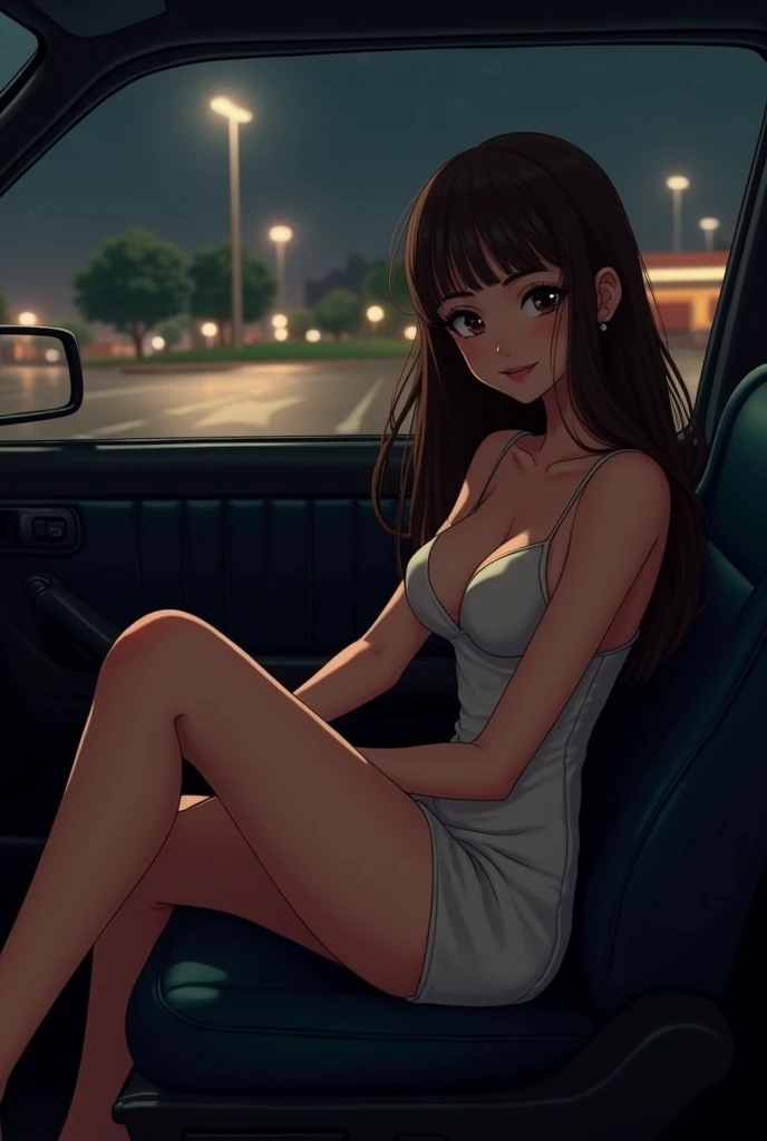 Cute eighteen year old, passenger seat of car, short dress, low cut top, brunette, young, eye contact, nighttime, street lights, smiling, smile, young girl, thin legs, skinny, short skirt, eighteen, sweet, parking lot, closed mouth, mouth closed, slim, tiny body, 18