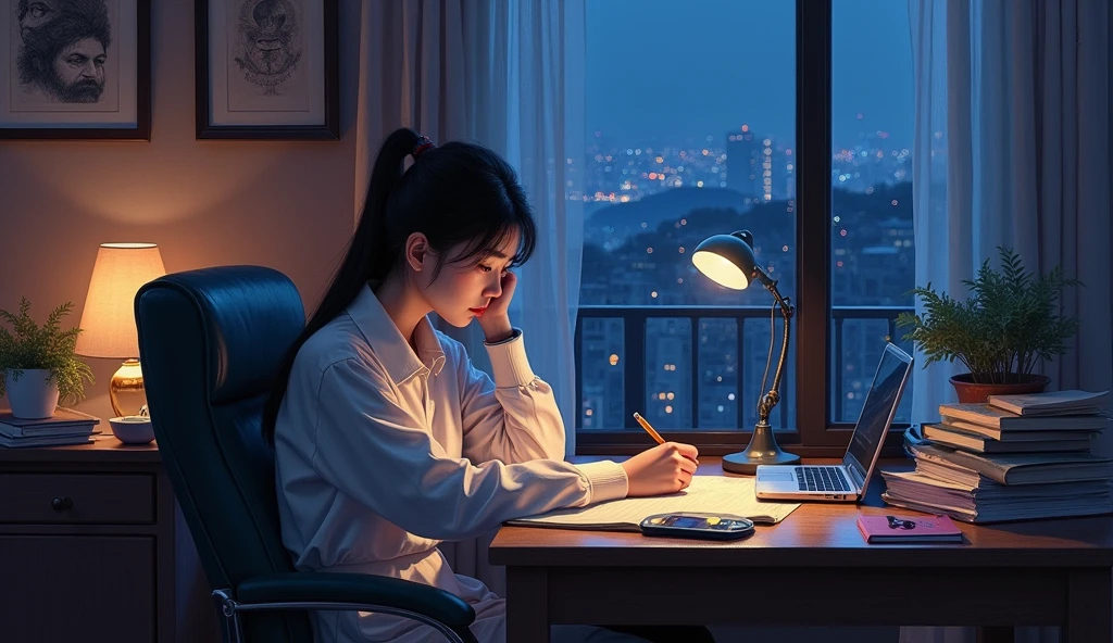 A stunning oil painting of a young beautiful Korean woman studying, beautifully portrayed with a lost and melancholic expression. In the soft glow of a study lamp, a she sits in her comfortable chair, surrounded by the organized chaos of study materials. Her desk is cluttered with open books, a laptop, and a mobile phone, each item a tool in her quest for knowledge. In a softly lit room, the young girl sits at her desk, engrossed in her studies. The warm glow from her desk lamp casts a gentle light over her open books, laptop, and scattered notes. Standing beside her, her elderly father and her mother watch with evident pride and admiration. Their faces are illuminated by the room's light, reflecting their joy and satisfaction. The window beside her at a distance, reveals the deep blue of night time, with the city lights faintly glimmering in the distance. The room is bathed in a warm, focused light that contrasts with the cool darkness outside, creating a serene, studious atmosphere., adding to the sense of unease. The painting exhibits a dream-like, impressionistic style, with visible brushstrokes that create a sense of depth and texture. The color palette primarily consists of deep purples, greys, and blacks, evoking a depressive atmosphere. wide shot.