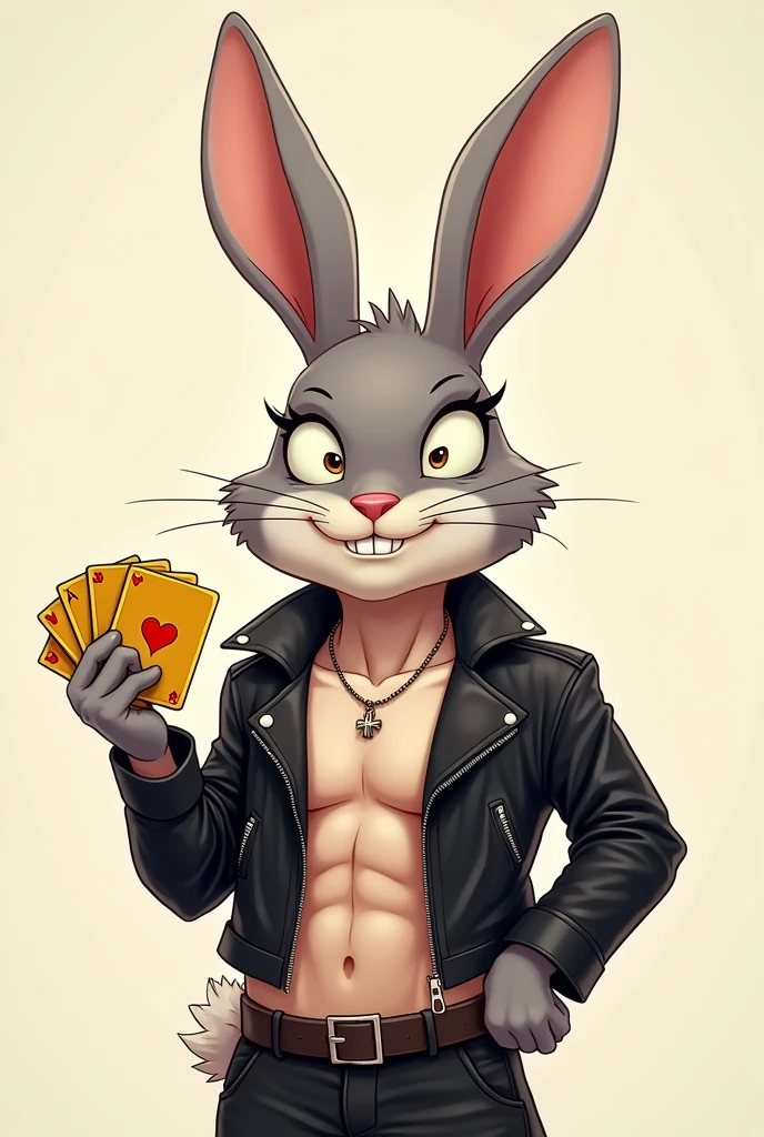 cartoon rabbit with x eyes, black jacket, shirtless, ABS, Golden cards