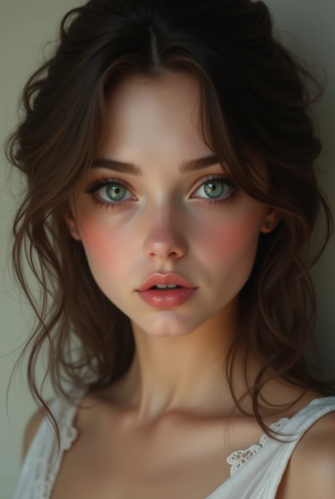Le portrait d’une femme brune au yeux claire avec une belle bouche 