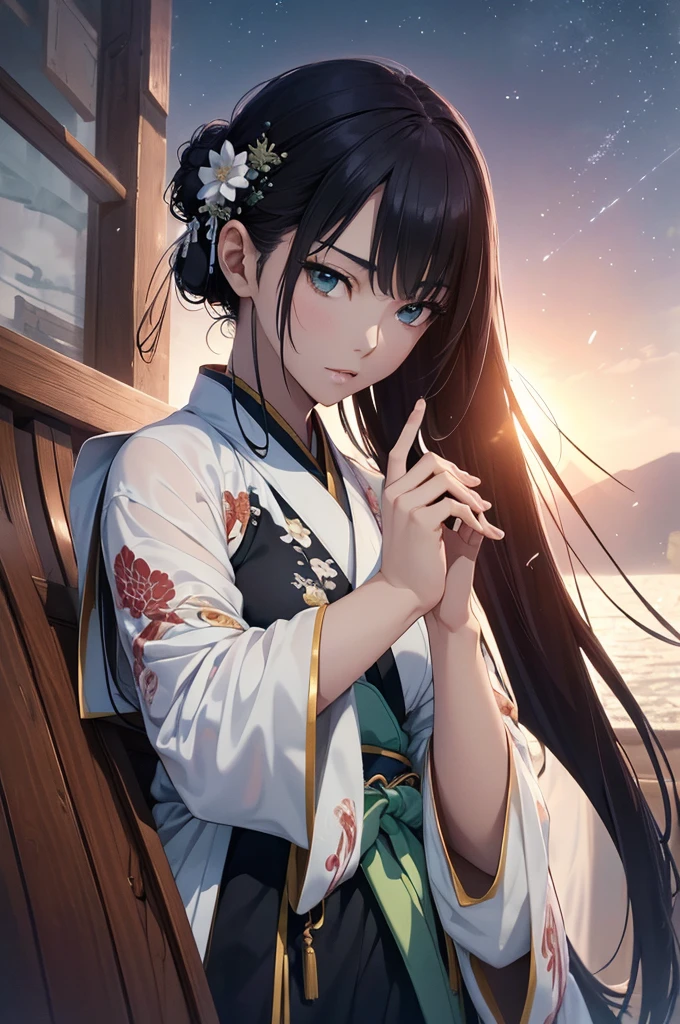 Starry sky and fog cover the landscape.Rich historical background. (Highest quality,4K,8k,High resolution,masterpiece:1.2), Very detailed, (Realistic,Realistic,Photorealistic:1.37), High resolution, Hyper HD, Studio Lighting, Ultra-fine painting, Sharp focus, Physically Based Rendering, Very detailed説明, Professional, Vibrant colors, Bokeh, Sports Late, Ancient War Landscapes, Traditional Chinese Painting Techniques, Atmospheric lighting, Dynamic Pose, Complex combat scenarios, Vivid color contrast, Visually stunning composition, Ethereal atmosphere,Very detailed目と顔, Beautiful attention to detail, Light on the face, (Hanfu: 1.1),Green Eyes、(Sexy and acrobatic poses:1.3)