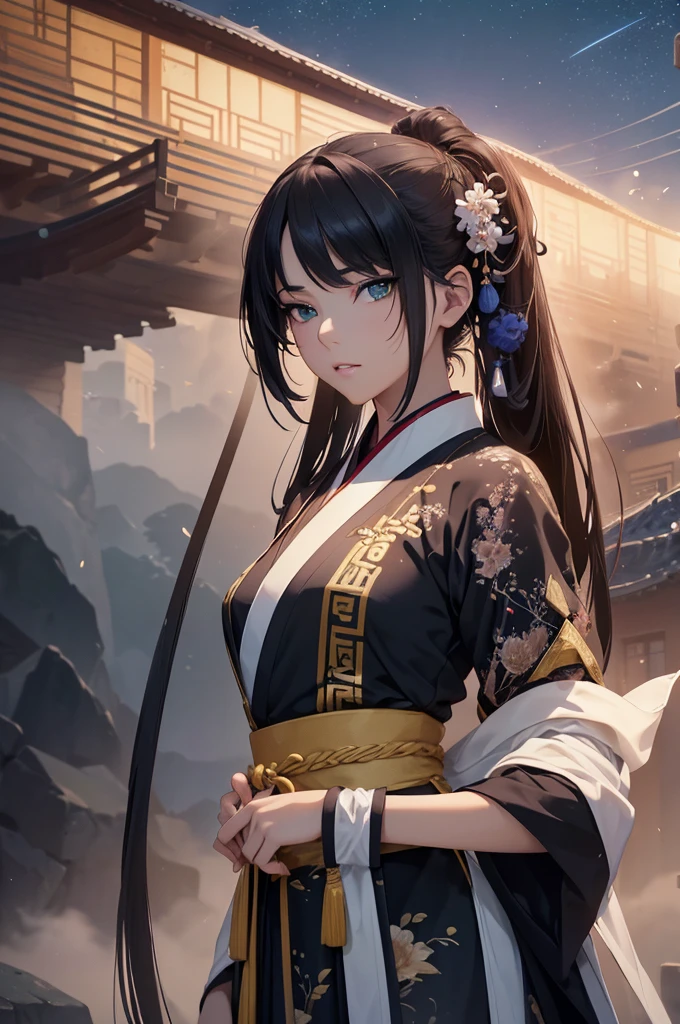 Starry sky and fog cover the landscape.Rich historical background. (Highest quality,4K,8k,High resolution,masterpiece:1.2), Very detailed, (Realistic,Realistic,Photorealistic:1.37), High resolution, Hyper HD, Studio Lighting, Ultra-fine painting, Sharp focus, Physically Based Rendering, Very detailed説明, Professional, Vibrant colors, Bokeh, Sports Late, Ancient War Landscapes, Traditional Chinese Painting Techniques, Atmospheric lighting, Dynamic Pose, Complex combat scenarios, Vivid color contrast, Visually stunning composition, Ethereal atmosphere,Very detailed目と顔, Beautiful attention to detail, Light on the face, (Hanfu: 1.1),Green Eyes、(Sexy and acrobatic poses:1.3)