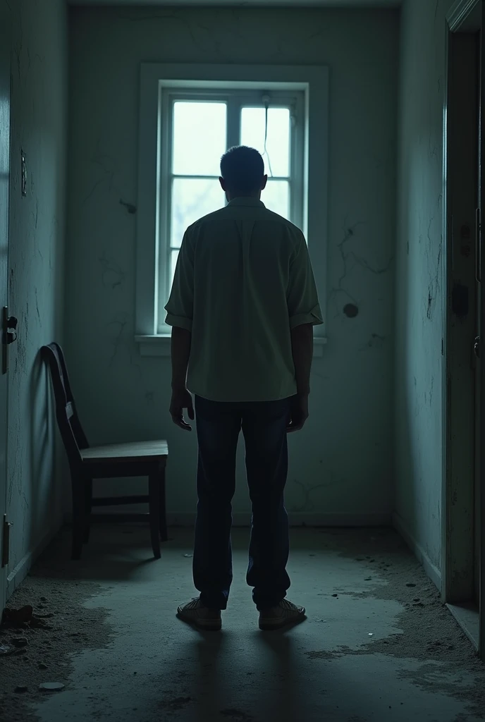 A man standing alone in a dimly lit, desolate room with cracked walls, facing away from the viewer. His shoulders are slumped, and his hands are clenched into fists at his sides, reflecting deep frustration and helplessness. A faint light from a small window casts long shadows, emphasizing the bleak atmosphere. The room is nearly empty, except for a broken chair in the corner, symbolizing shattered hope. The overall color palette is muted, with shades of gray and dark blue, accentuating the sense of despair and powerlessness.